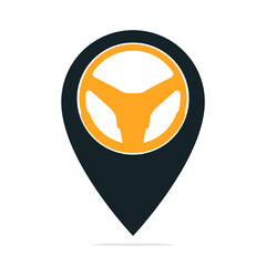 Car helm and map pointer logo combination. Steering wheel and gps locator symbol vector design.