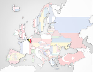 3D Europakarte auf der Belgien hervorgehoben wird und die restlichen Flaggen transparent sind