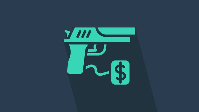 Turquoise Buying gun pistol with price tag icon isolated on blue background. Buying weapon. 4K Video motion graphic animation.