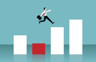 Businessman jumping over bar chart concept. Business symbol vector illustration