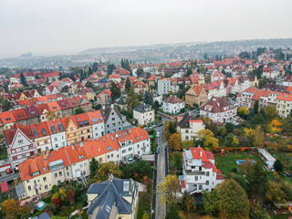Fototapeta na wymiar Prague, Czech republic - October 23, 2019. Aerial view on Hanspaulka - it is a luxury villa district in Dejvice with traditional architecture