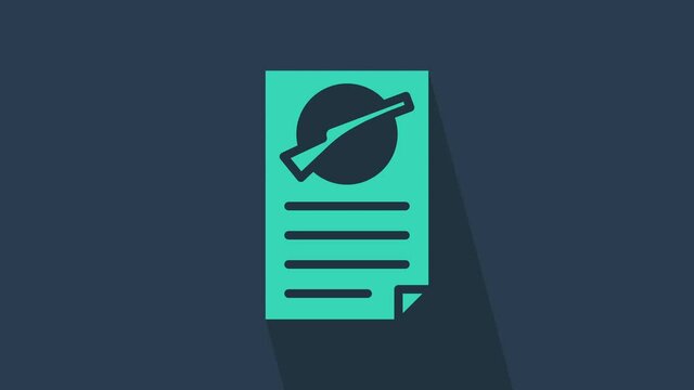 Turquoise Firearms license certificate icon isolated on blue background. Weapon permit. 4K Video motion graphic animation.