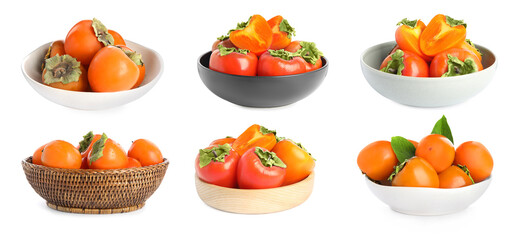 Set of delicious fresh ripe persimmons on white background. Banner design