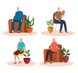 group of elderly old people seated in chairs and sofas characters vector illustration design