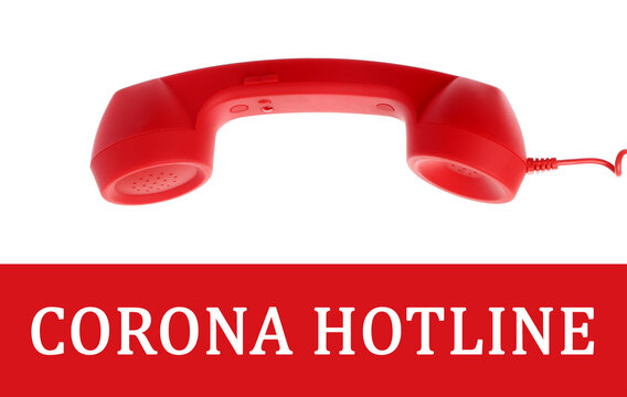 Covid-19 Hotline. Red handset and text on white background