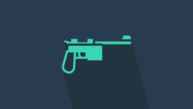 Turquoise Mauser gun icon isolated on blue background. Mauser C96 is a semi-automatic pistol. 4K Video motion graphic animation.