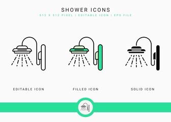 Shower icons set vector illustration with icon line style. Shower sprinkler bathroom concept. Editable stroke icon on isolated white background for web design, user interface, and mobile application