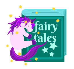 Funny unicorn surrounded by stars hugging a blue book with the inscription Fairy Tales on white background. Vector illustration	