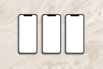 set of three iphoneX with blank white screen
