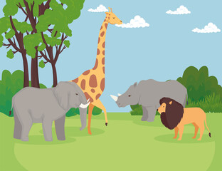 group of animals wild in the savannah scene vector illustration design