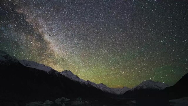 Beautiful Milky Way timelapse over a mountain - Aoraki Mt Cook and Tasman Lake With Glaciers
