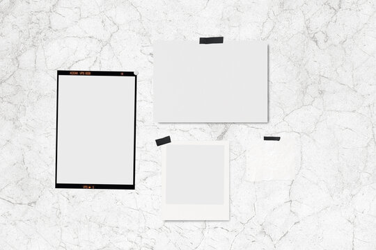 stationery mood board mockup torn paper with polaroid photo template with grey marble background