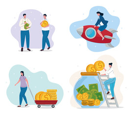business people teamworkers and money set icons vector illustration design