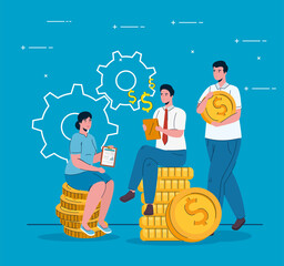 business people seated in coins money dollars vector illustration design