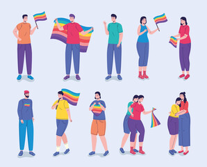 group of twelve persons with lgtbi flags characters vector illustration design