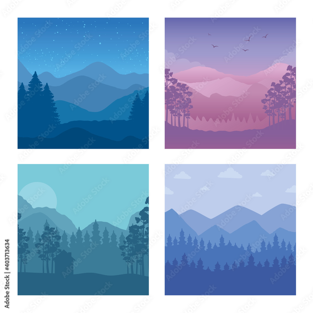 Poster four abstract landscapes scenes backgrounds vector illustration design