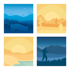 four abstract scenes landscapes backgrounds vector illustration design