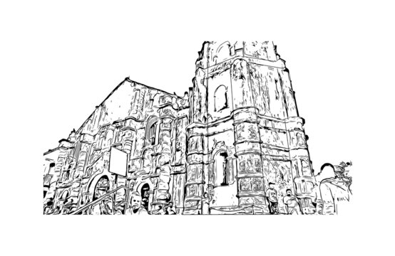 Building view with landmark of Daraga is
Municipality in the Philippines. Hand drawn sketch illustration in vector.