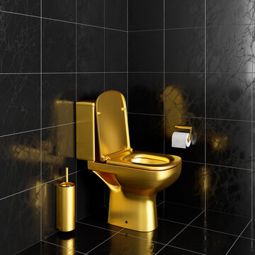 Gold toilet bowl and accessories in black tiled toilet 3d render 3d illustration