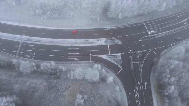 Three-Way Junction Intersection Road in Snowy Winter Landscape - Aerial