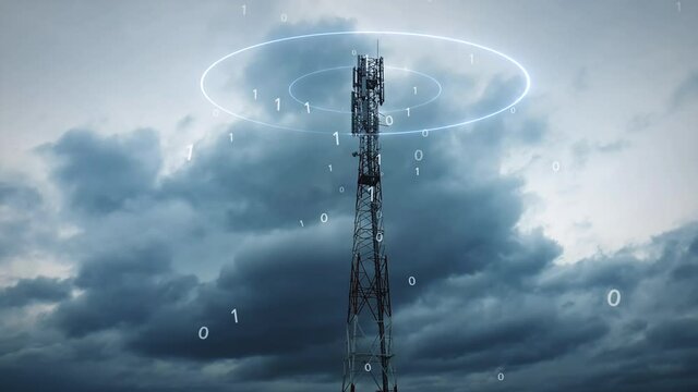 5G Telecom Tower Timelapse. Cloudy Sky Moving Fast, Graphic Motion of Micro Wave. Air Electromagnetic Pollution and Binary Code, Global Masses Control Concept