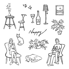 ステイホームを楽しむ男女のイラスト