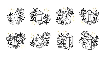 Collection of hand drawn magical elements with crystal, flower, stars & leaf branch for feminine icon, beauty logo, emblem, and other purposes