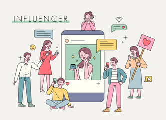 Influencer advertising marketing. Celebrities are advertising on social networks and people are gathering around. flat design style minimal vector illustration.