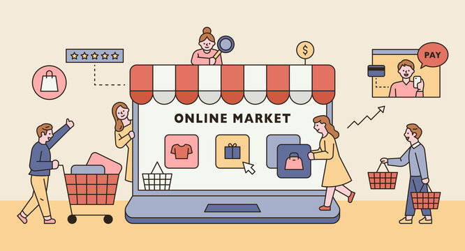 Online shop concept. There is an online store on a large laptop monitor and customers are gathering. flat design style minimal vector illustration.