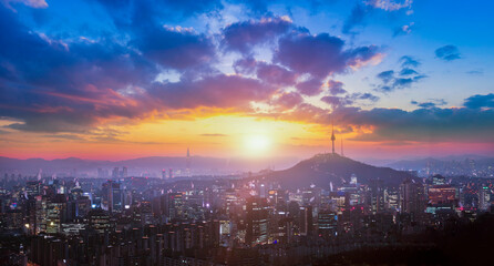 Fototapeta na wymiar Best View of Seoul City Skyline and Seoul Tower at Sunrise South Korea