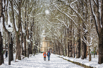 Couple walking through a snowy park in the city