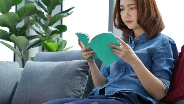 Relax asian woman reading book sitting on sofa in living room holding book to read. Young woman relaxation reader reading open book leisure mind. Happiness beauty woman person smiling face happy time