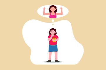 Overweight woman dreaming having body with muscles