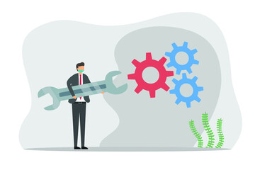 Businessman wearing face mask holding a wrench with gear 2D flat vector concept for banner, website, illustration, landing page, flyer, etc.