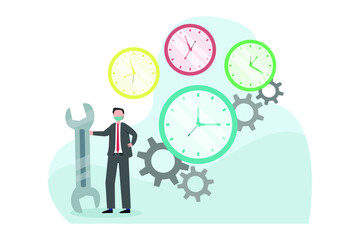 Businessman with face mask stands next to a wrench 2D flat vector concept for banner, website, illustration, landing page, flyer, etc.