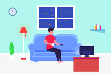 Man watching TV at home 2D flat vector concept for banner, website, illustration, landing page, flyer, etc.