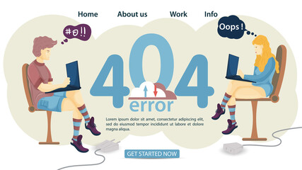 Banner oops 404 error page not found a man and a woman are sitting in chairs with a laptop the Internet does not work for the design of websites and mobile applications Flat vector illustration