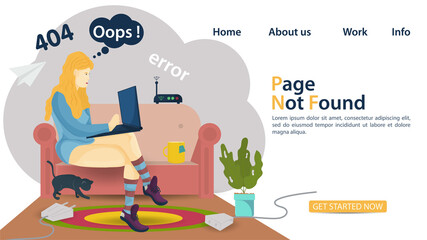 Banner oops 404 error page not found man woman sitting on sofa with laptop and her internet is not working for websites and mobile apps Flat vector illustration