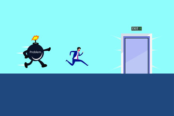 Businessman wearing facemask running away from problem 2D flat vector concept for banner, website, illustration, landing page, flyer, etc.
