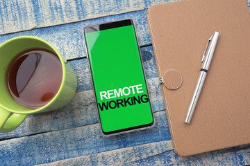 Remote Working, text words typography written on smart phone, life and business motivational inspirational concept