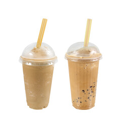 Iced coffee with straw in plastic cup isolated on white background / coffee sweet