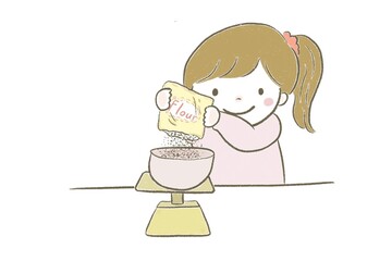 秤で小麦粉を計る女の子