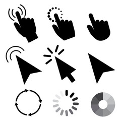 Hand cursor icon. Internet technology. Click arrow. Push touch screen. Stock image. EPS 10.
