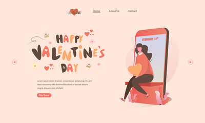 Happy valentine's day with illustration of a woman sitting waiting for her love