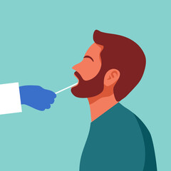 Mouth saliva test using swab concept vector illustration. COVID-19 Coronavirus or DNA test. Doctor keep saliva sample from man patient. - obrazy, fototapety, plakaty