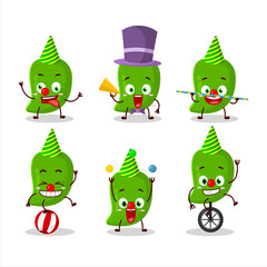 Cartoon character of green mango with various circus shows