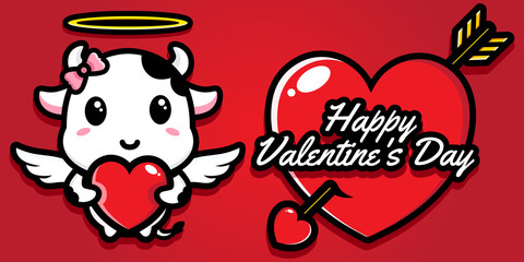 cute cow character design on happy valentine's day greeting card
