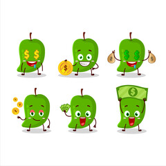 Green mango cartoon character with cute emoticon bring money