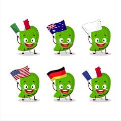 Green mango cartoon character bring the flags of various countries