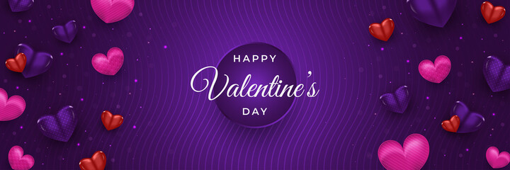 Naklejka na ściany i meble Happy Valentine's day banner or poster for header with realistic colorful hearts spread on purple background